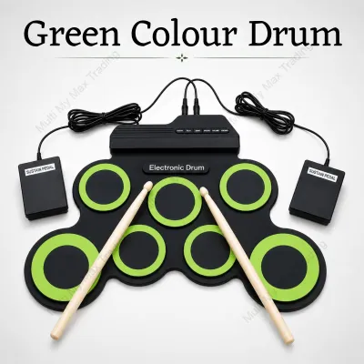 Roll-Up Portable Foldable Electronic Silicon Drum Pad Kit with Stick (Green/Black)