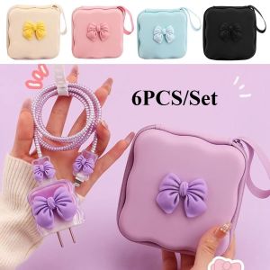 6PCS/Set Portable Travel Cable Protector Set and Storage Bag Lovely Bow Knot Travel Storage Bag Cute Cable Charger Protector Cord Organizer