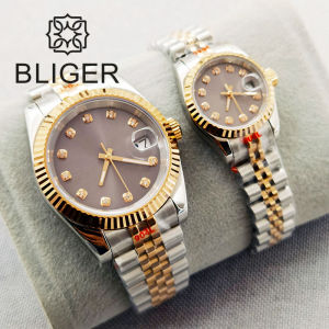 BLIGER 26mm/40mm Lovers Watch For Men And Women Mechanical Wristwatch Two-tone Rose Gold Gray Dial Sapphire Glass Jubilee Strap