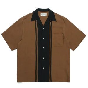 Classics WACKO MARIA Polyester Fiber Short Sleeve Black Stripe Printing Lapel Men Women Breathable Thin Button Shirt TEE 2025