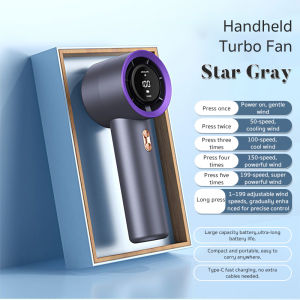 2026 model handheld fan with 199-speed adjustment mini portable rechargeable aircond cooling bladeless Turbo fan digital display fast charging long life purple and white color options new design.