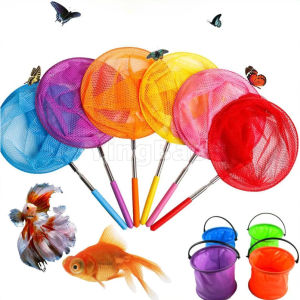 2pcs Kids Telescopic Fishing Net & Foldable Buckets Kit Catching Net Extendable Anti Slip Grip Butterfly Nets Perfect Outdoor Tools
