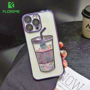 FLOVEME Liquid Quicksand Bling Glitter Sequins Milk Tea Cup Phone Case For iPhone 15 14 13 12 11 Pro Max With Lens Film Protector Plating Transparent Silicone Shockproof Back Cover For iphone 15 14 13 12 11