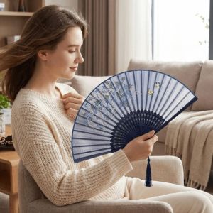 MAOMEI STUDIO Quạt cầm tay Quạt tre lụa Họa tiết hoa Trong suốt Quạt tay Trung Quốc Thanh lịch Thủ công mỹ nghệ Quạt Hanfu Biểu diễn múa