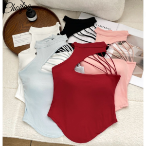 ChoiFoo เสื้อบังทรงสตรีพร้อมเบาะรองหน้าอกเสื้อสายเดี่ยวเสื้อบังทรงคล้องไหล่ที่ลาดเอียงสำหรับฤดูร้อน Cewek Seksi เข้ารูปพอดีเสื้อเอวลอยแขนกุดกลวงเสื้อท่อนบนนุ่มสบายผิวเป็นมิตร