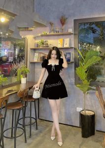 [MÃ LAZADAFAHB01 - GIẢM 30K ĐƠN 100K] Váy đầm thiết kế Nhung cổ vuông phối vạt lật trắng tay bồng chân váy chữ A.