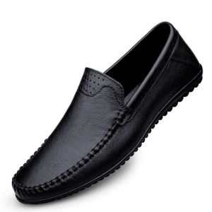 Mens Casual Leather Shoes Black Slip on Loafers Mens Lightweight Brown Walking Jogging Shoes Breathable Men Driving Shoes