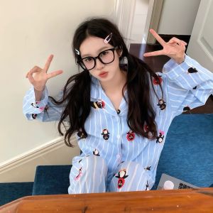 Womens Soft Comfortable Penguin Pajama Set - Blue Striped All-Over Print Long-Sleeve Loungewear