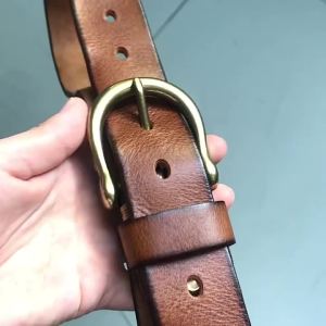 Handmade Mens Genuine Cowhide Leather Belt - Classic Retro Style with Pure Copper Horseshoe Buckle No Interlayer Design for Jeans & Casual Wear