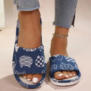 Ladies Animal Patterned Linen Slippers Cute Cat Design Indoor Summer Spring Autumn Comfortable Footwear Random Print h260629