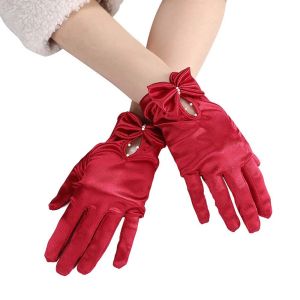 ALICE XU Korean Sweet Bridal Red Hand Sleeve Pearl Bow Gloves Women Gloves Satin Mittens Wedding Bridal Gloves