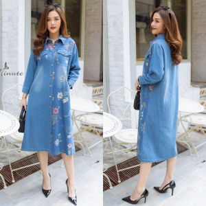Cutie Minute อก ฟรีไซส์  44" (Denim dress mixed with quality fabric pattern) Maxiเดรสผ้ายีนส์เกรดพรีเมี่ยม เนื้อผ้ามีความนุ่ม ใส่สบาย ชุดยีนส์งานฟอกสวยๆ เนื้อผ้ายืดหยุ่น