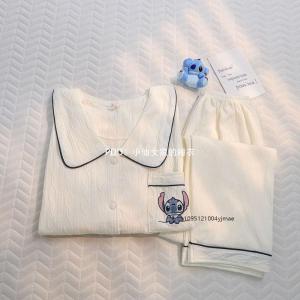 Anime 2Pcs Stitch Womens Pajamas Anime Girls Kawaii New Lapel Fashion White Long-Sleeved Trousers Student Casual Loungewear
