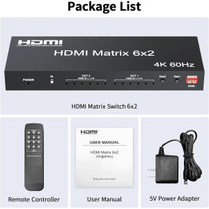 4K 60Hz HDMI Matrix Switch 6 in 2 out HDMI Video Matrix Selector Switch Splitter 6x2 with Optical R/L Audio Output HDCP 2.2 EDID