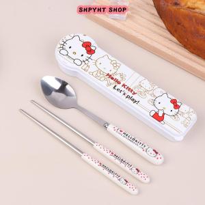 【BUY 1 TAKE 1】 Kawaii Hello Kitty Chopsticks Spoon Fork Sanrio KT Cat Tableware Set Portable Dinnerware For Kid Anime Flatware With Box