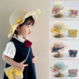 GOOTRADES Lovely Sweet Breathable UV Protection Panama Hat Kids Handbag Summer Ribbon Bow Travel Children Straw Hat Same Style Bags Korean Style Girl Cap Sun Visor Hat