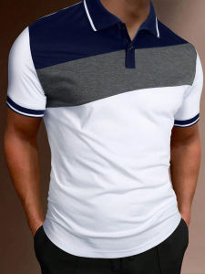 Men Polo Shirt Color Block Striped Trim Polo Shirts for Men