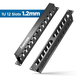 AMPCOM 1U Rack Mount Cable Management 19 inch 12/24 Slot Metal Finger Duct Wire Organizer Horizontal Server Rack - 1.5mm/1.2mm with Cover