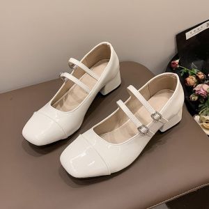 Japanese Style Silver Square Toe Chunky Heel Mary Janes Retro British Chic Versatile Shoes