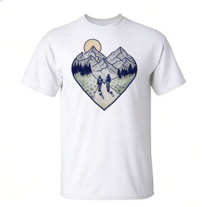 [Local Stock] HBESTY  Heart Shaped Mountain Hiking Couple Graphic T Shirt Men Romantic Nature Landscape Print Top Summer Anniversary Couple Tees