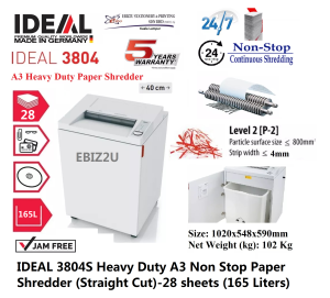 IDEAL 3804 S 6mm Heavy Duty A3 Non Stop Paper Shredder (Straight Cut) - 28 sheets (165 Liters) Non Stop Mesin Penghancur Kertas Heavy Duty Shredder Mesin Perincih