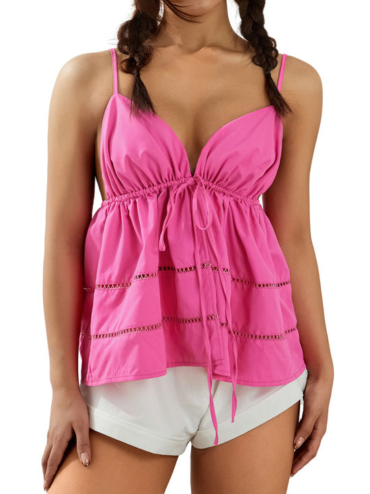 Kayotuas Women Plunging Neckline Camisole, Pink Solid Color Open Front  Tie-up Cropped Tank Tops, S/ M/ L