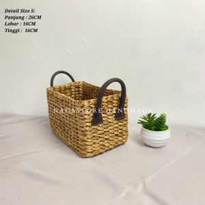 Box Penyimpanan Anyaman Enceng Gondok Handle Kulit Tersedia 4 ukuran S M L XL/Keranjang Handle Kulit Multifungsi