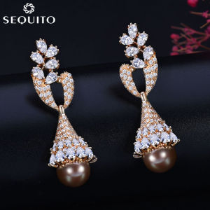 Sequito nước ngọt tự nhiên giọt trân châu Đồ Trang Sức Pave Rõ Ràng CZ Bông tai dài đung đưa Độc Đáo Với Sterling Bạc Pins Đối Với Phụ Nữ Engagement Wedding Se093