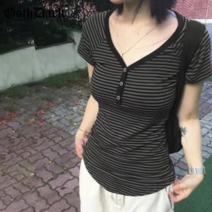 Goth Dark Casual Women Short Sleeve Striped T-shirts Y2K Fashion V-neck Button-up T-Shirt E-girl Slim Basic Tops Mall Goth Cloth2026