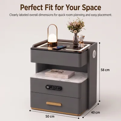 GH GLOWHOME（in stock）Smart Nightstand with Wireless Charger & LED Light Bedside Cabinet Solid Wood Storage Drawer Minimalist Luxury Bedroom Furniture
