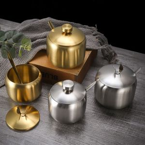 GAOSU Stainless Steel Sugar Bowl with Spoon Lid Gold Silver Seasoning Pot Useful Large Capacity Small Condiment Container Salt
