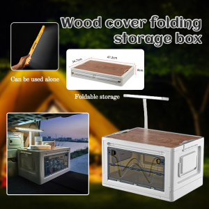 45L Outdoor Foldable Storage Box Stackable Camping Storage Box with LED Lighting Wooden Cover Can Use As Picnic Table