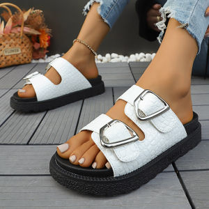 [Free Shipping] Casual Sandals Large Size For Outdoor Wear Thick-Soled 2025 Summer New Style Solid Color With Metal Buckle And Open-Toe Design