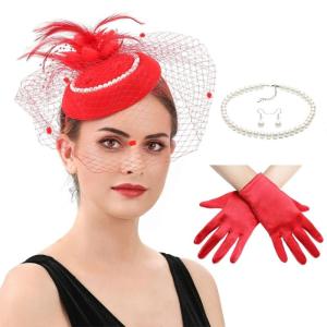 Elegant 2025 Fascinator Hat Necklace Earring and Lace Short Gloves Set For Outdoor Event Teas Parties Prom Occasion