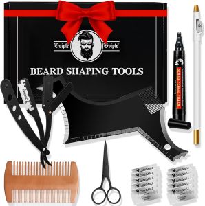 Beard Shaper for Men Beard Shaping Tools - Gifts for Men Beard Template Guide Straight Edge Razor 10 PCS Double Edge Blade Barber Pencil Beard Comb Stainless Steel Mustache Lineup Tools