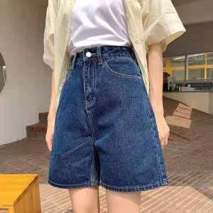 IELGY dark blue straight five points high waist loose denim shorts for women