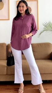 Kemeja Wanita Kerah Shanghai Polin Polos Lengan Panjang Nhm