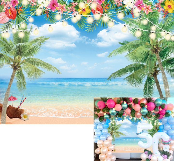 Hawaiian Summer Beach Backdrop Tropical Flower Palm Beach Photography  Background Luau Themed Party Decoration