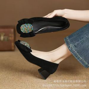 Free Shipping Bowknot Rhinestone Shallow Mouth Elegant Single Shoes New Square-Toe WomenS Shoes Soft Leather Mid-Heel Pumps Plus Size