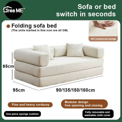 【COD】Dreame Compression Sofa 72Convertible Floor Sofa Bed with Pillow Back Support Armrest 0.9/1.35/1.5/1.8M Comfy Foldable Sofa Bed Compressed Sofa in Box Corduroy Fabric for Living Room Bedroom