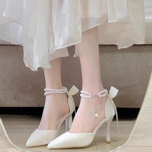 Fashion Bow Decoration Solid Color Pointed Toe Womens Pearl Strap Womens High Heel Shoes