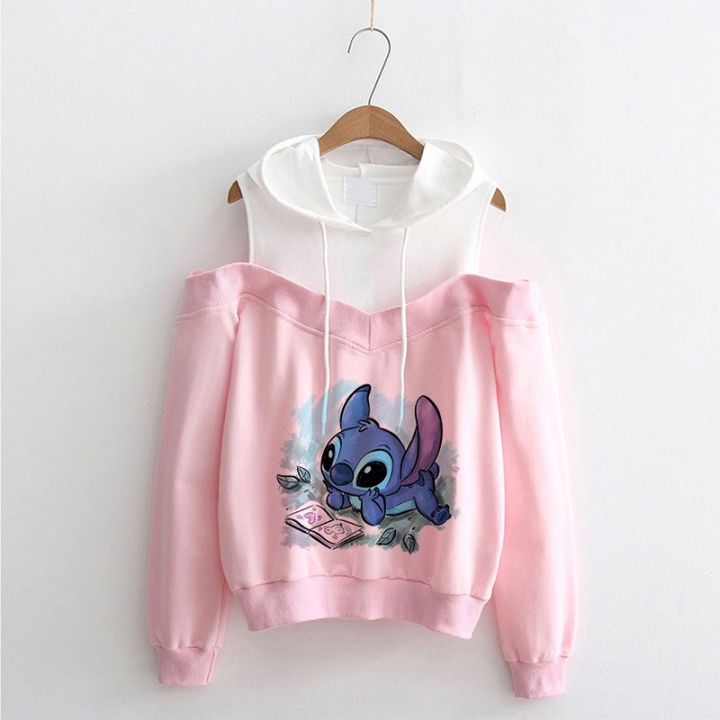 2023new Kawaii Lilo Stitch Cartoon Off Shoulder Hoodies Women Harajuku Cute  Stitch Anime Sweatshirt Manga Streetwear Hoody Female