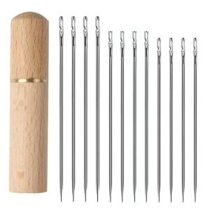 12Pcs/Set Side-Open Simple Elderly Blind Needle Self-Threading Sewing Needles with Wooden Needle Case Stainless Steel Multi-size Household Apparel Sewing Needles for DIY Sewing and Mending Embroidery