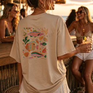 [Local Stock] HBESTY  Colorful Fish Coral Seashells Tropical Pattern Crew Neck Relaxed Fit Beige Cotton T-Shirt for Women Summer Beach Vacation Tops