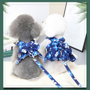 DY Loving New Fashion Pet Harness Floral Japanese Style Dog Dress with Leash and Big Bow