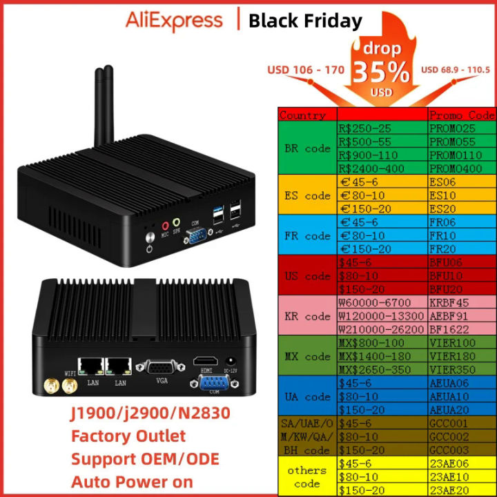 Xcy fanless mini PC In Celeron J1900 J2900 Windows 10 7 Linux thin