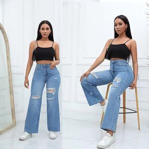 G7 Mid-Waist Long Pants for Women New Elastic Ripped Loose Flared Jeans from Guangzhou Xintang Jeans 7/7