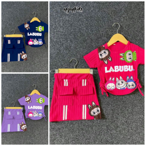 Oneset Baju dan Rok Labubu Model Cargo Anak Perempuan Bahan Hornet Usia 1-8 Tahun