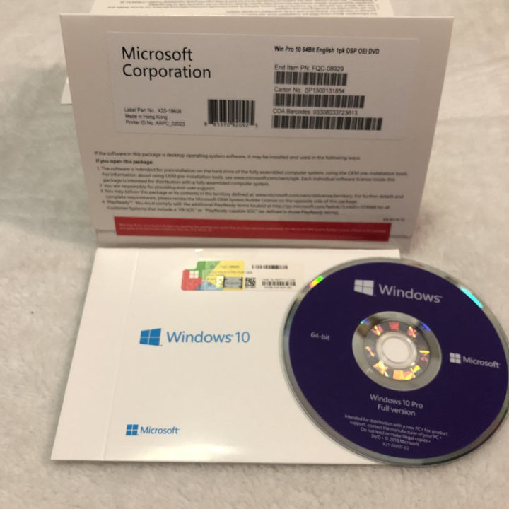 MICROSOFT WINDOWS 10 PRO 64 BIT Eng Intl 1pk DSP OEI DVD FQC-08929 ...