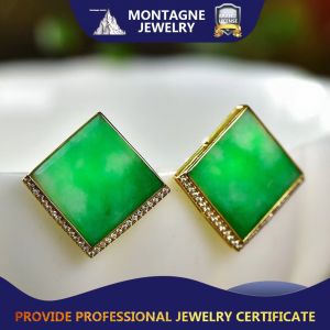 Montagne Jewelry 18k Pure Gold earring for women Elegant Design Diamond Inset Fine Jewelry Natural 13x13mm Grade A Burma Jade Earrings Stud Earring